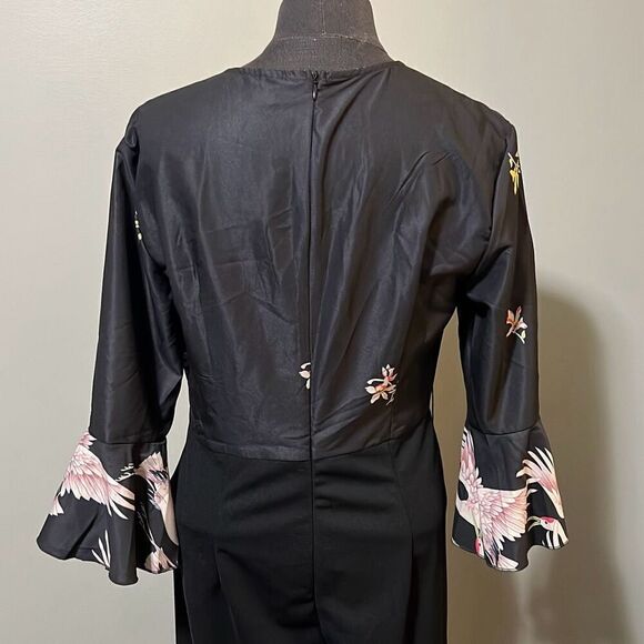 Vintage Women's Black Crane Print Bell Sleeve Jumpsuit - Picture 8 of 12